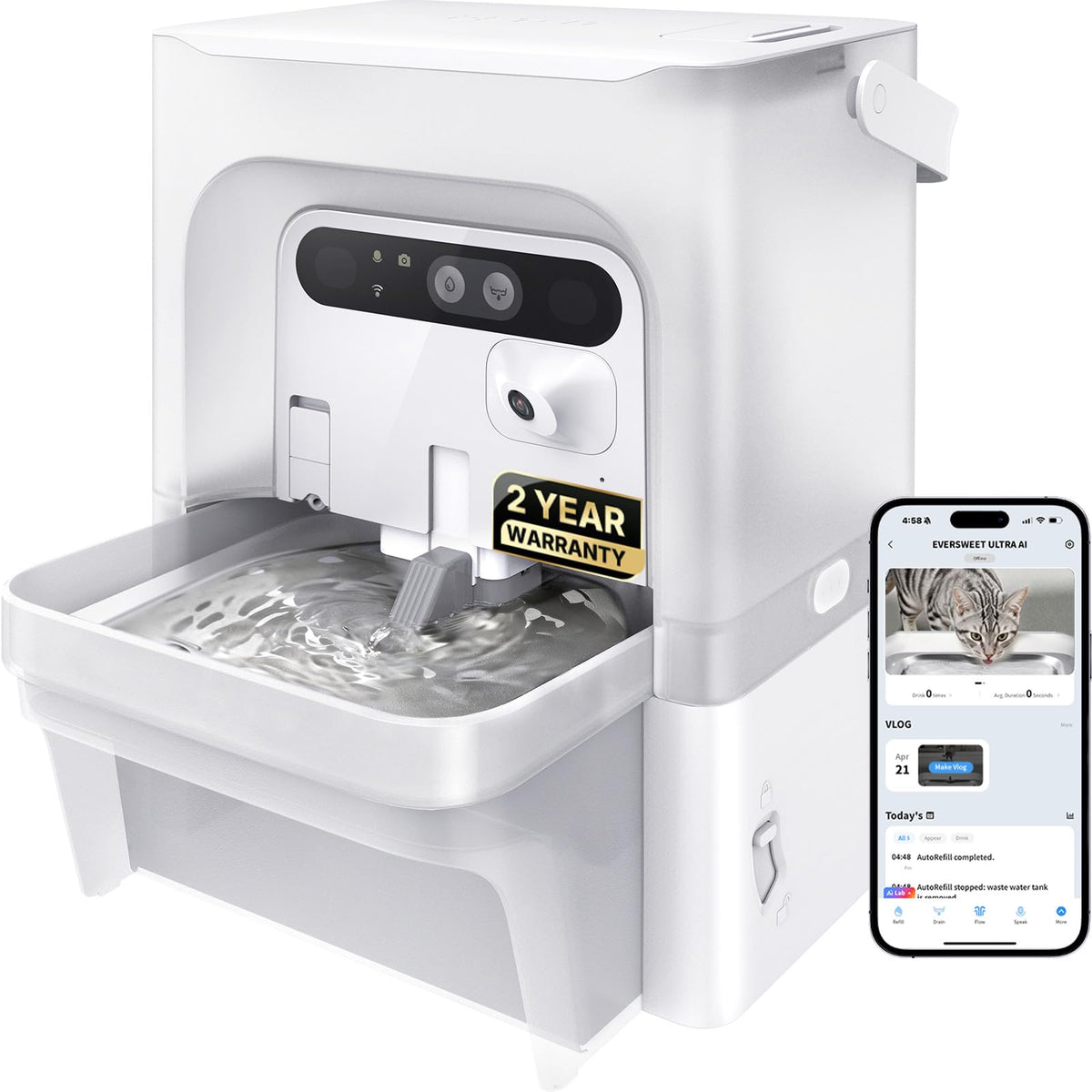 Smart Cat Water Fountain with AI Camera and Filterless Design