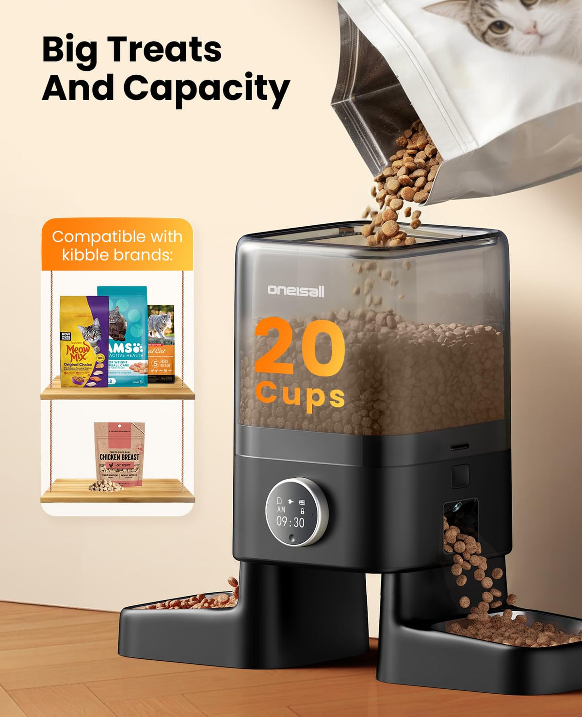 5L Double Bowl Automatic Cat Food Feeder for Two Cats