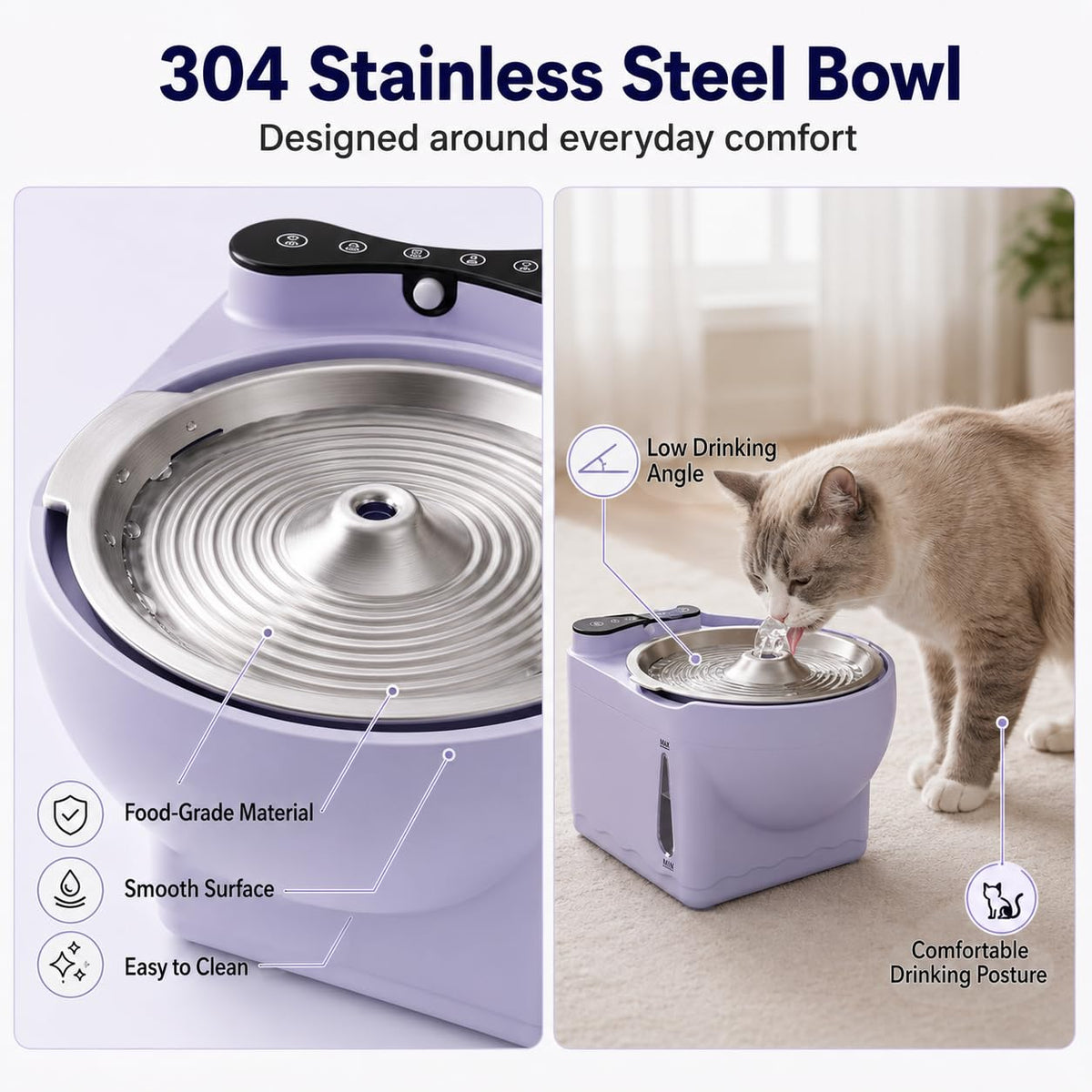 Hydrogen Cat Water Fountain with Smart Sensor Stainless Steel Bowl