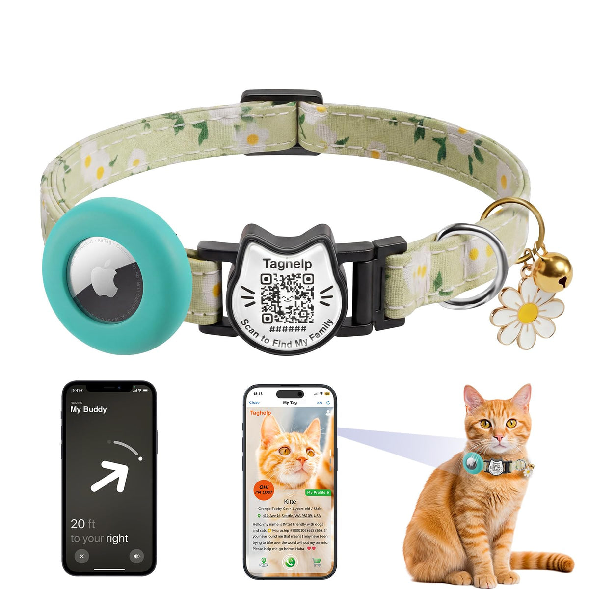 Cat Collar with AirTag Holder and QR Code Pet ID Tag