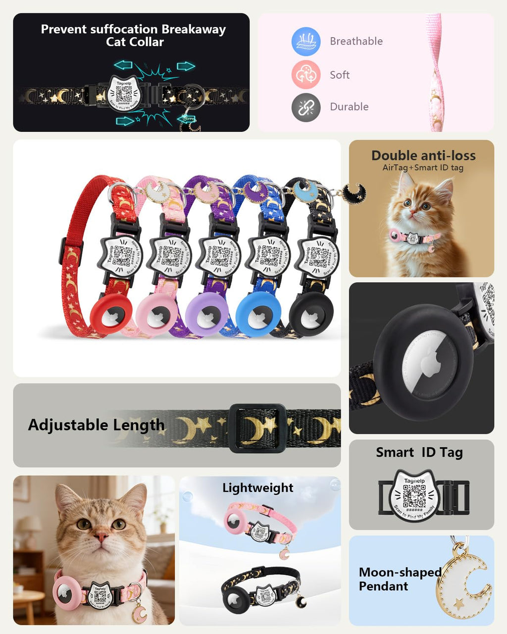Cat Collar with AirTag Holder and QR Code Pet ID Tag