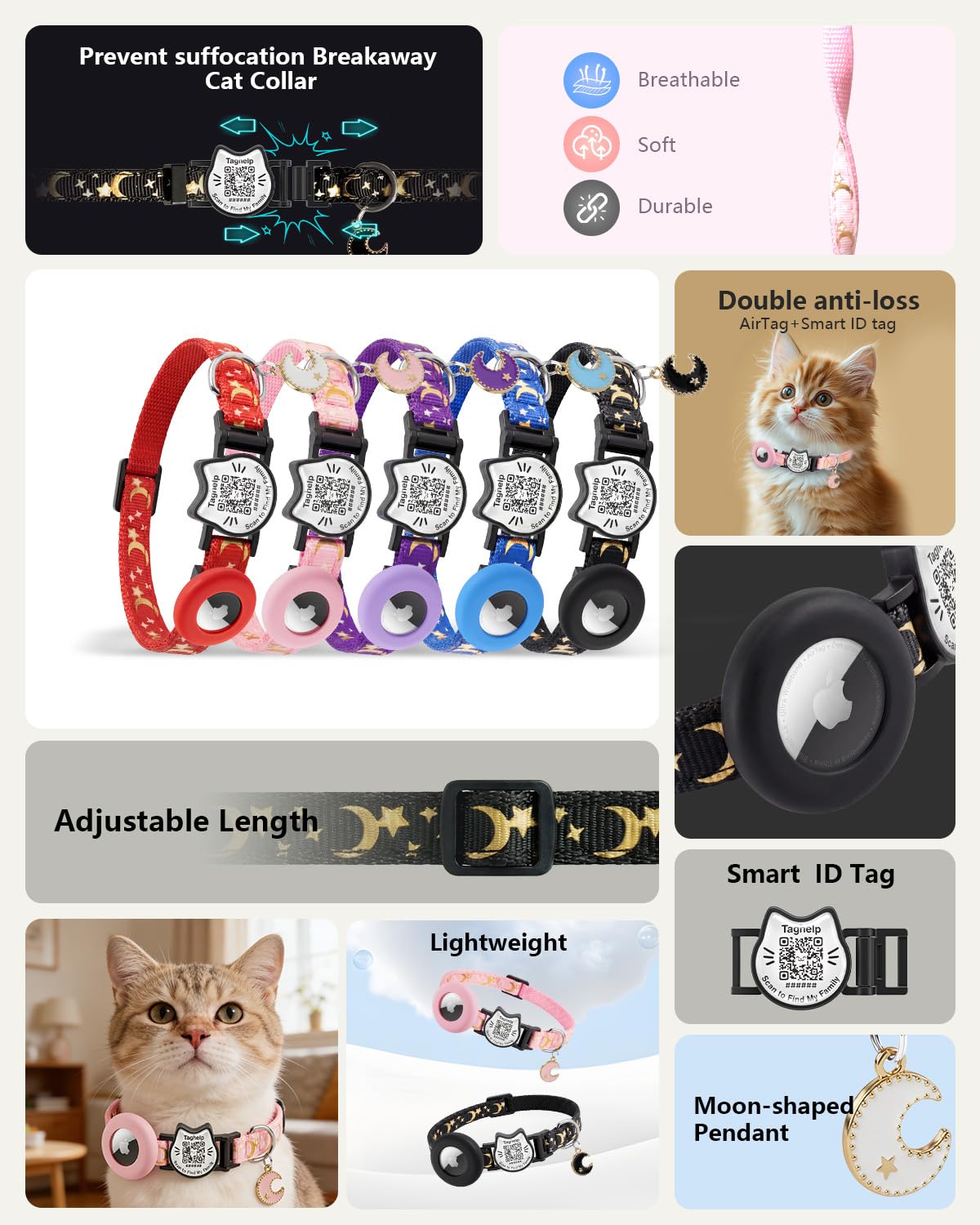 Cat Collar with AirTag Holder and QR Code Pet ID Tag
