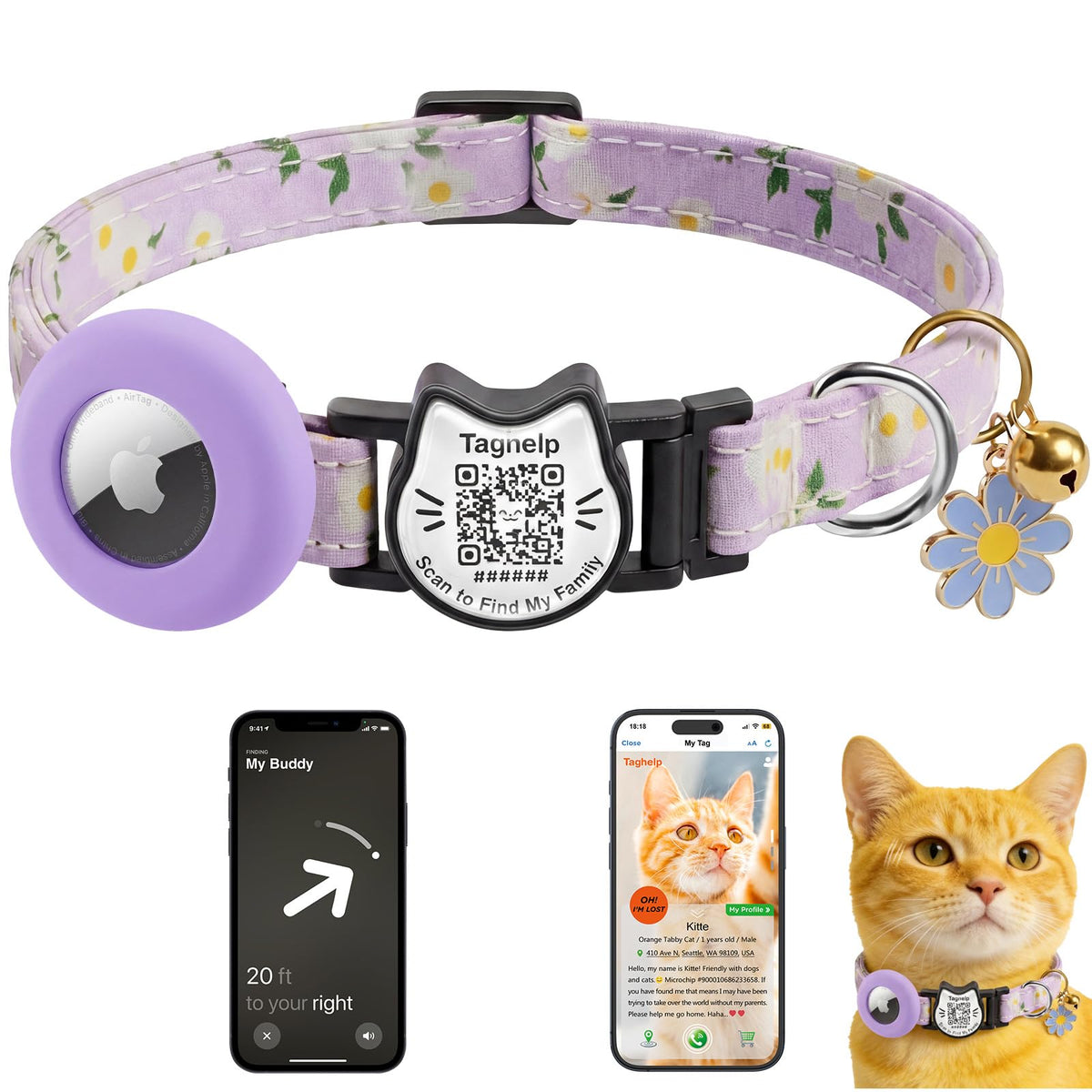Cat Collar with AirTag Holder and QR Code Pet ID Tag