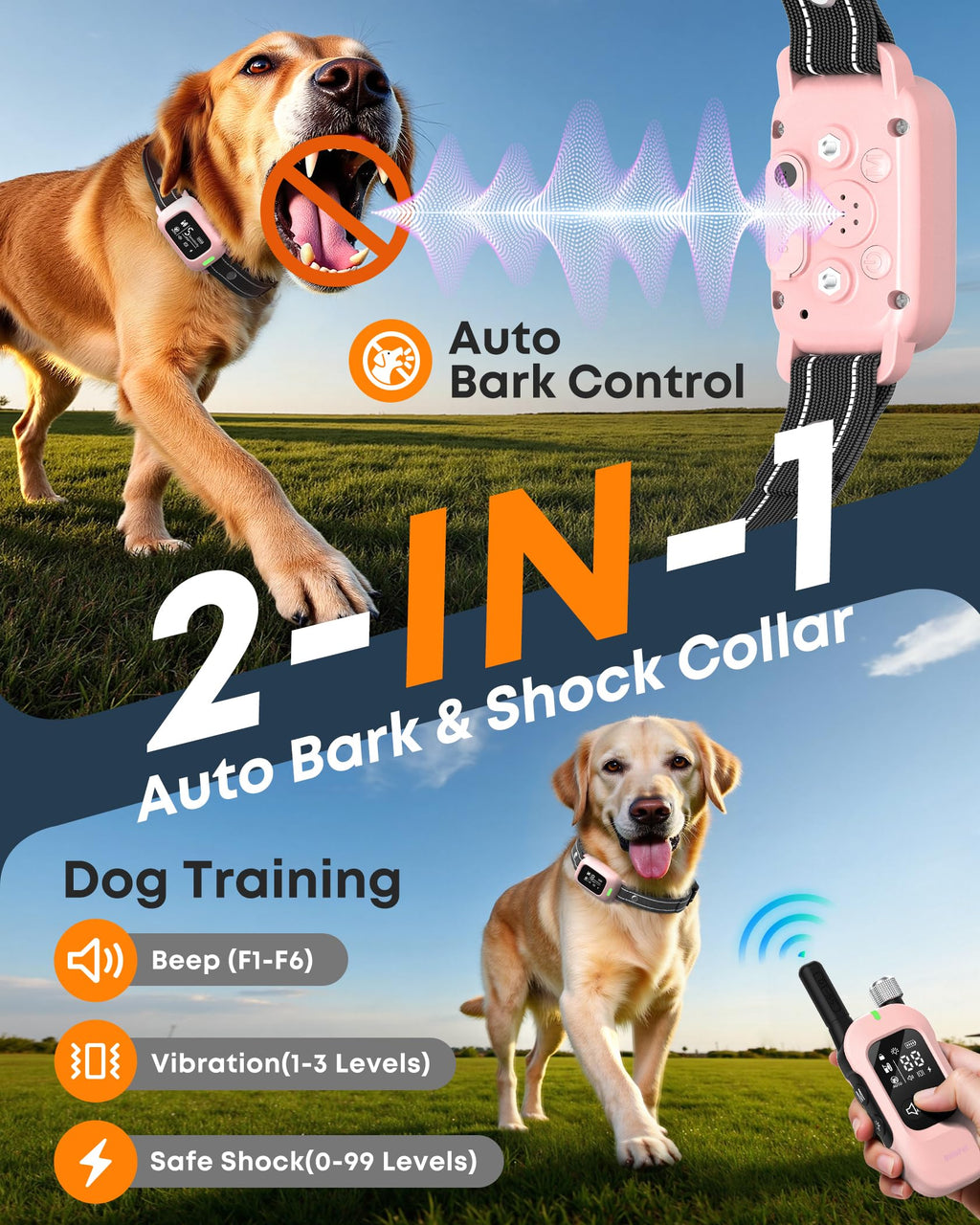 2 in 1 Dog Training Collar with Remote Anti Bark and LED Light