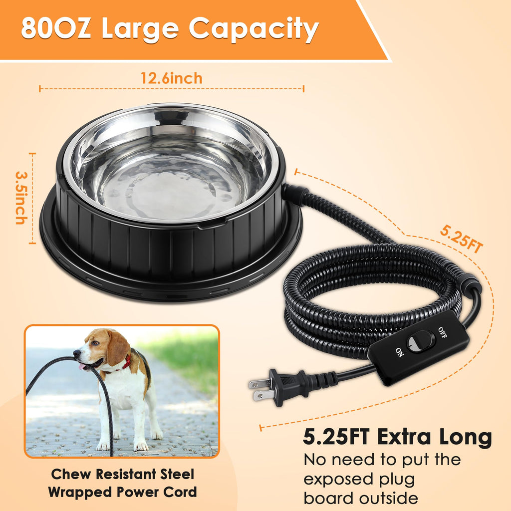 80oz Heated Pet Water Bowl with Thermostatic Temperature Control